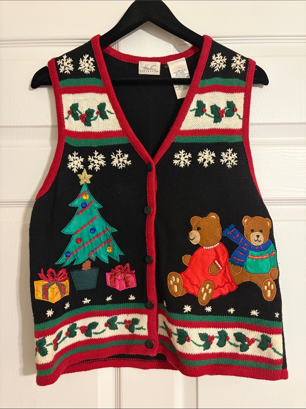 Vtg Kathie Lee Collection Christmas Vest Black Knit Embroidered Bears Medium